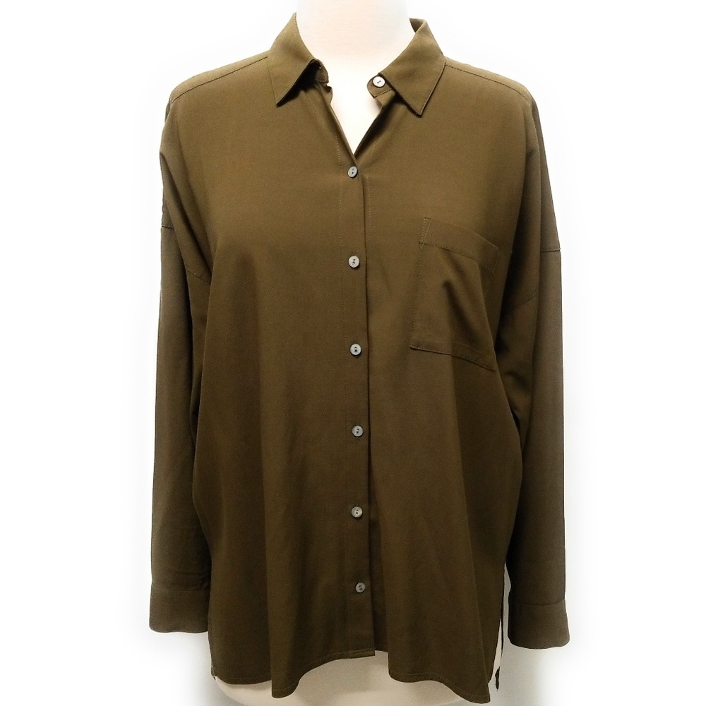 J JILL Olive Green Button Front High Low Shirt XS - Picture 2 of 7